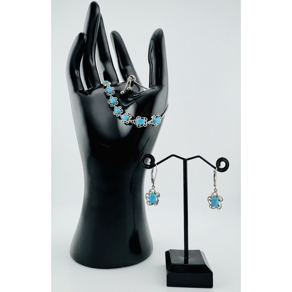 Sterling Silver Turquoise Adjustable Bracelet & Drop Earrings Set 925 Tested